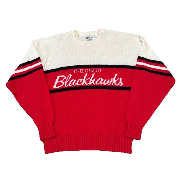 Vintage 1980s Chicago Blackhawks Cliff Engle Wool Sweater Red Knit NHL Size XL - Picture 1 of 5